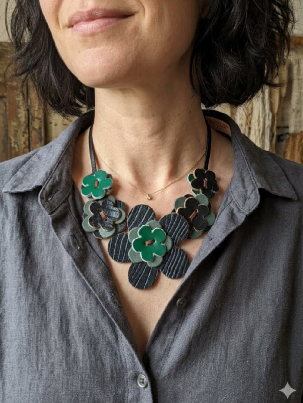 Handmade Genuine Leather Lime Sage Teal Olive Green Floral Statement Necklace 02